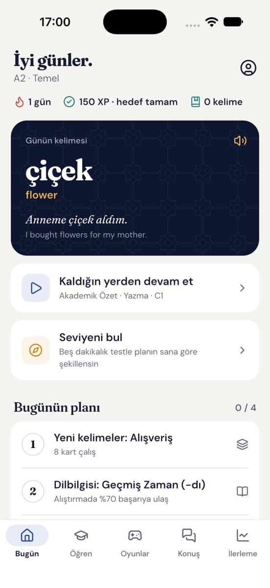 Dileda uygulamasının ana sayfası: günün kelimesi ve günlük plan