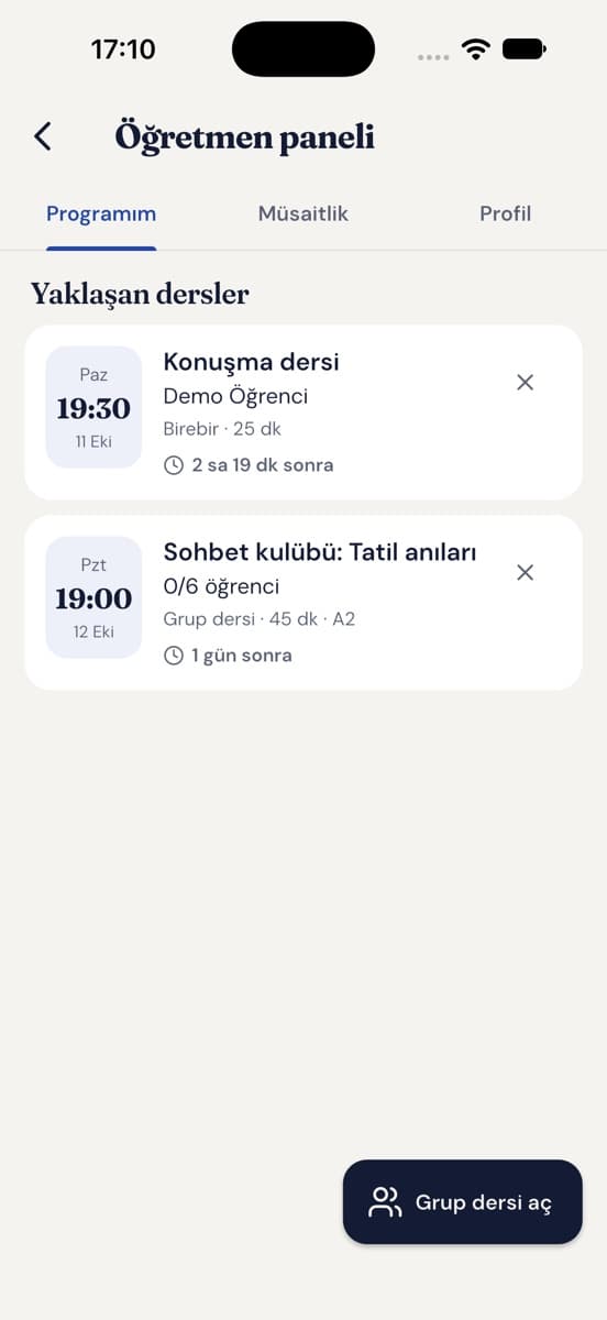 Canlı ders programı: yaklaşan birebir ve grup dersleri